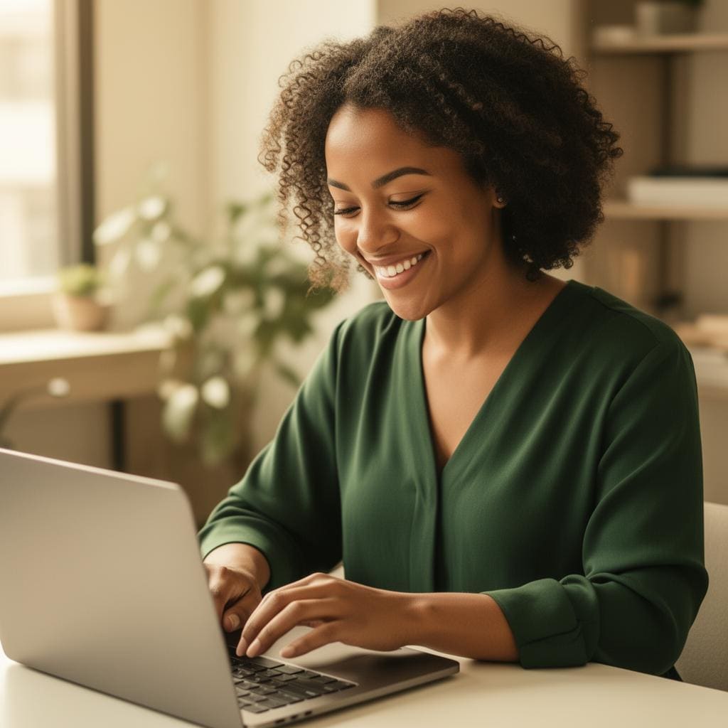A founder smiling while working at her laptop