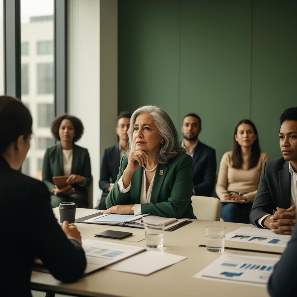 A senior executive leading a strategy meeting with diverse colleagues
