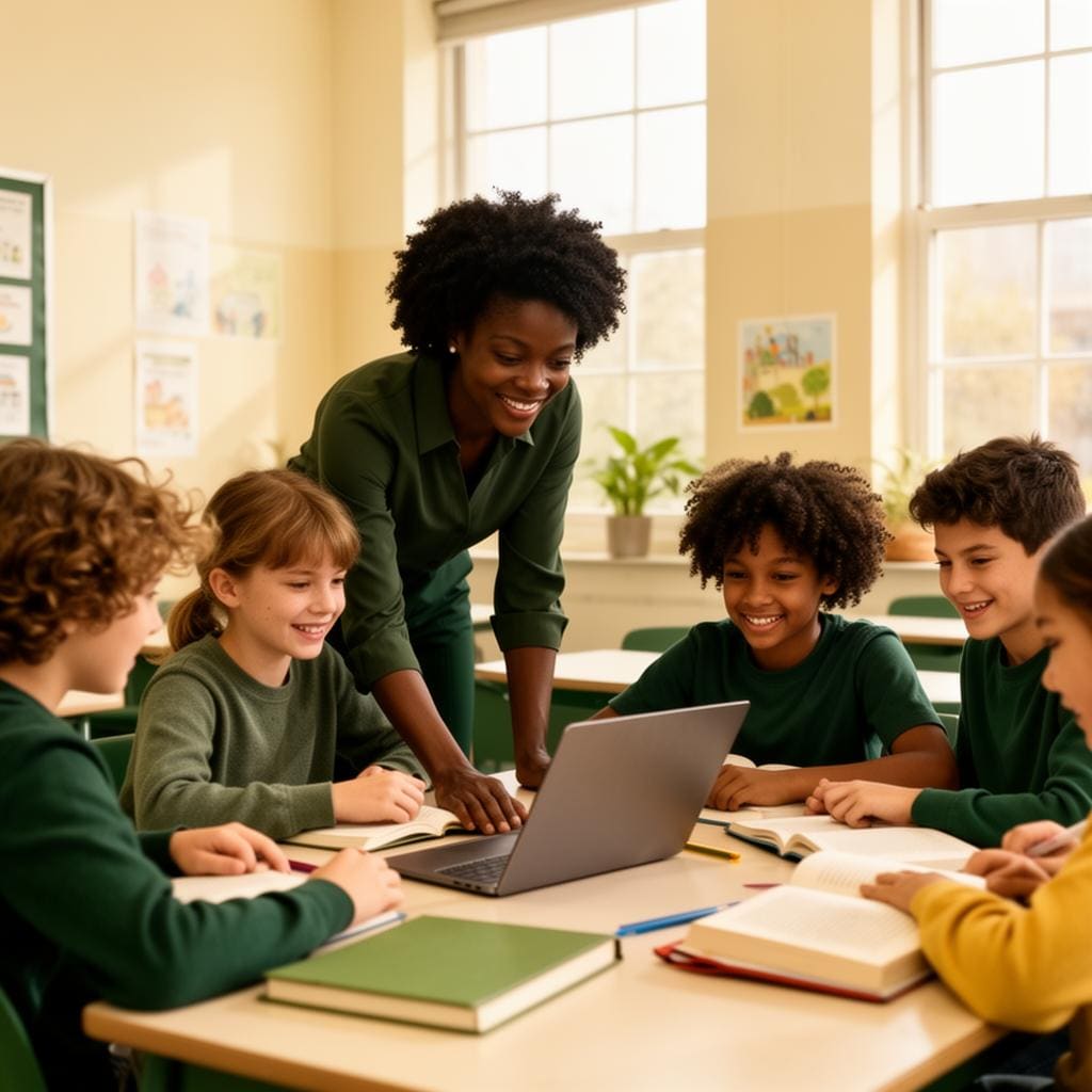 A teacher warmly helping diverse students in a bright modern classroom