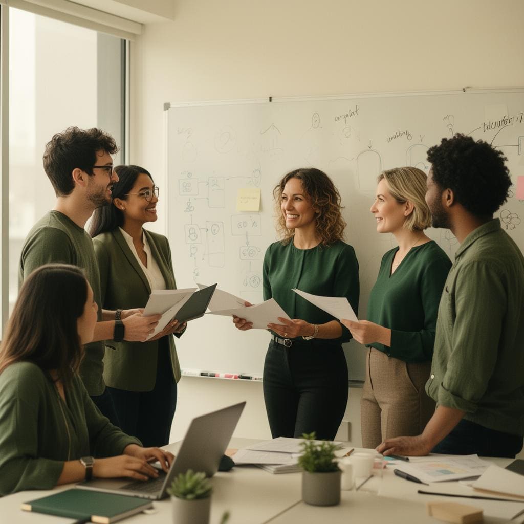 A diverse HR and operations team collaborating around a whiteboard