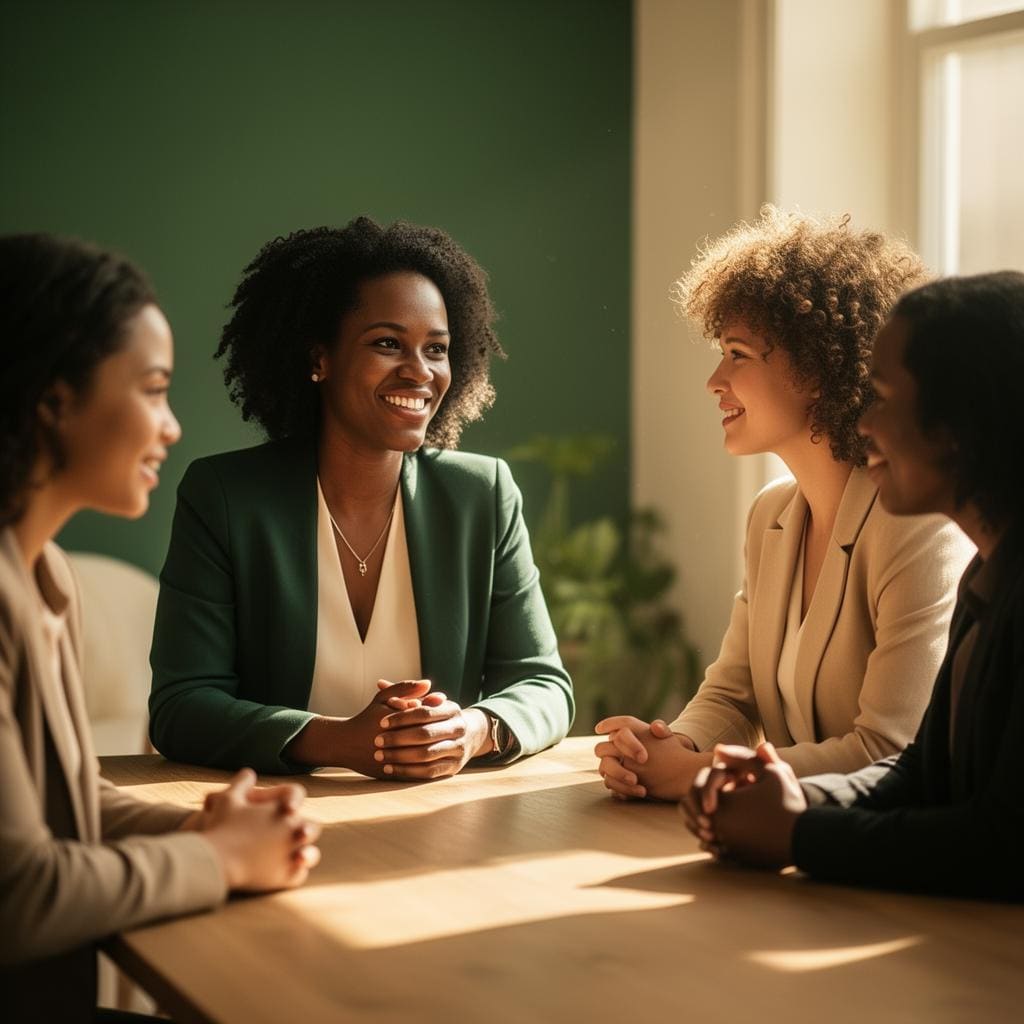 A consultant in conversation with clients across a sunlit table